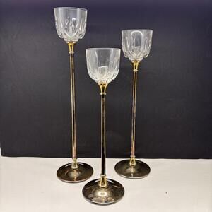 A set of three vintage MCM Italian crystal & silver-plated candlesticks c.1960s